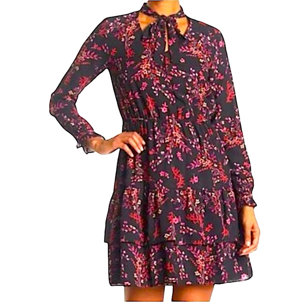 NANETTE LEPORE Preppy Dragonfruit Multicolor Long Sleeve Tie Vneck Dress size 8